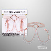Sex & Mischief Peaches ’N’ Creme collar with nipple clamps shown in retail packaging