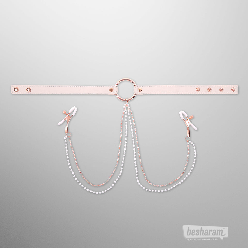 Adjustable collar with pearl chain nipple clamps by Sex &amp; Mischief