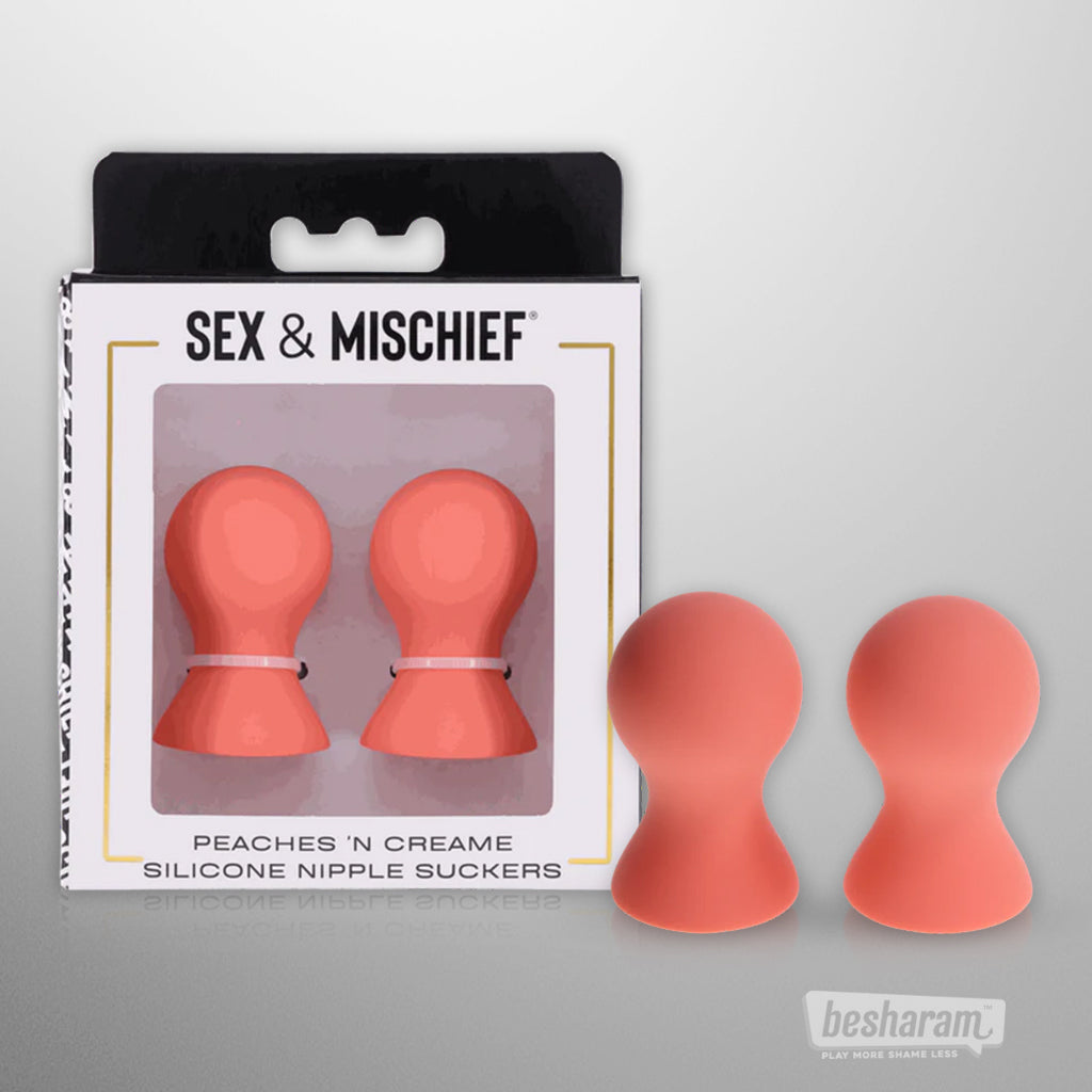 Sex &amp; Mischief Peaches n Creame silicone nipple suckers displayed with retail packaging