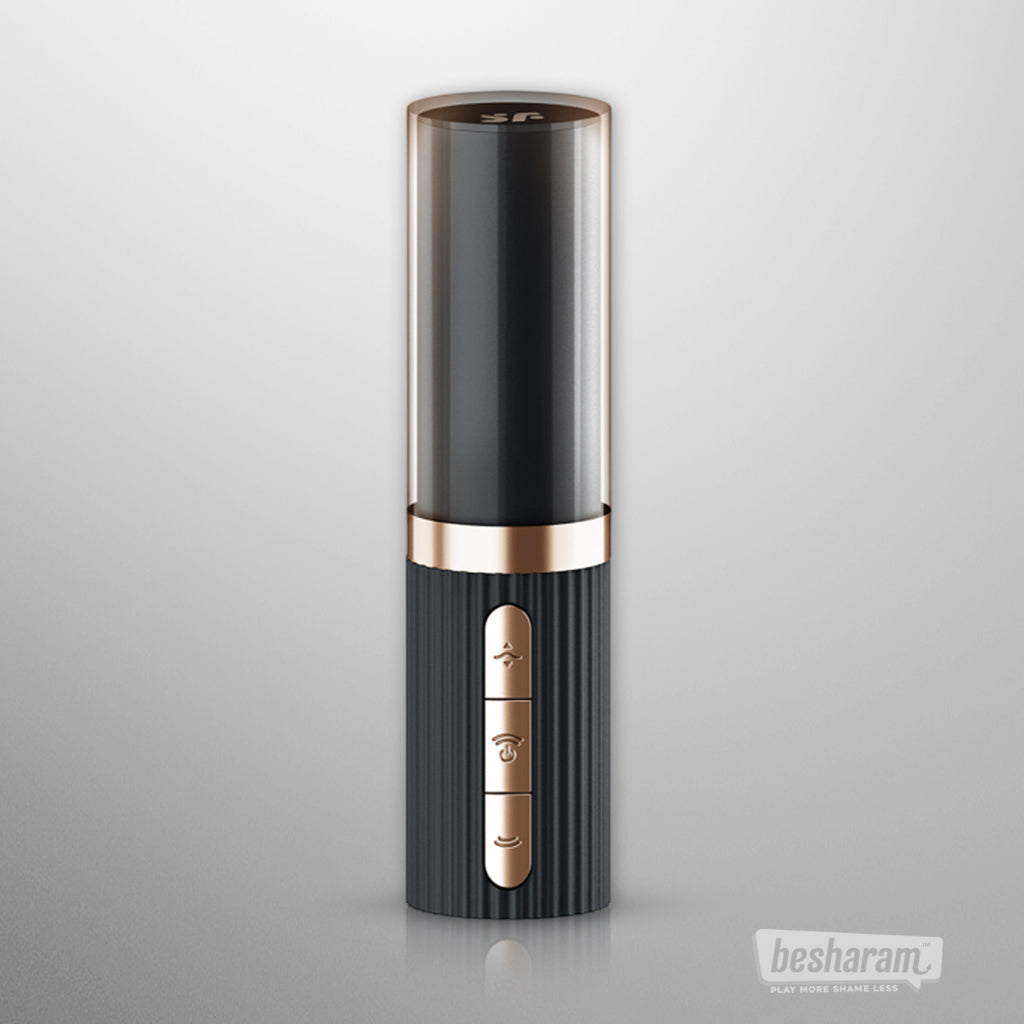Sleek black and gold libstick vibrator with a ribbed grip, vertical control buttons, and a smooth cylindrical top shown on a light background.