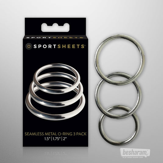 Sportsheets seamless metal O-ring 3 pack in 1.5 inch, 1.75 inch, and 2 inch sizes displayed with product packaging for adjustable support and fit