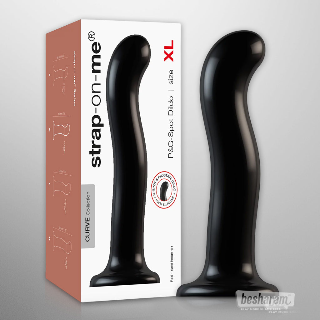 Strap-on-me Curve P and G spot dildo size XL in black displayed with product box.