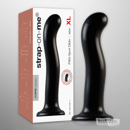 Strap-on-me Curve P and G spot dildo size XL in black displayed with product box.