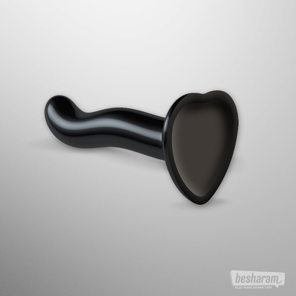 Black curved P and G spot dildo with wide suction base designed for stable positioning.