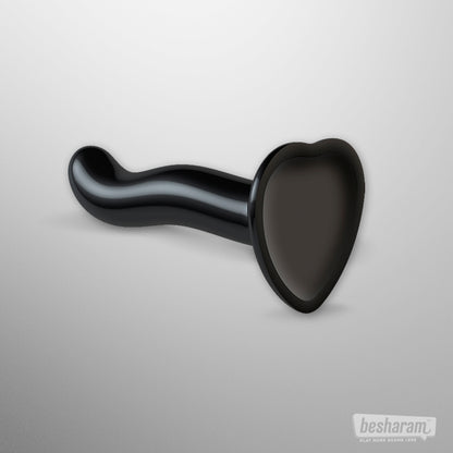 Black curved P and G spot dildo with wide suction base designed for stable positioning.