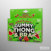 Sweet & Sour Gummy Thong & Bra edible lingerie set packaging – soft and chewy candy, one size fits all, Lusty Lickers by Hott Products.