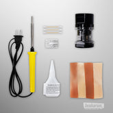 Tantaly sex doll repair kit contents laid out, including electric iron tool, glue bottle, TPE repair patches, cotton swabs, universal adapter, and instructions.