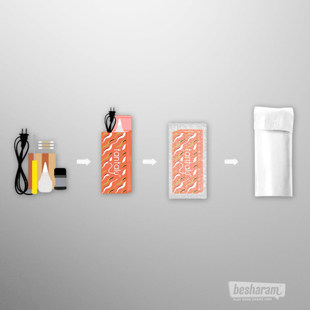 Discreet packaging steps for Tantaly sex doll repair kit, showing kit items packed into branded box, bubble wrap, and a plain shipping bag.