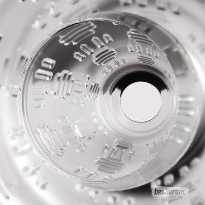 Textured clear hANDY male masturbator sleeve close up showing internal ribbed and dotted tunnel design, transparent silicone sleeve texture for enhanced stimulation and realistic feel