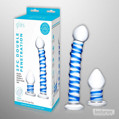 Glas Double Penetration Glass Swirly Dildo &amp; Buttplug Set Unboxed