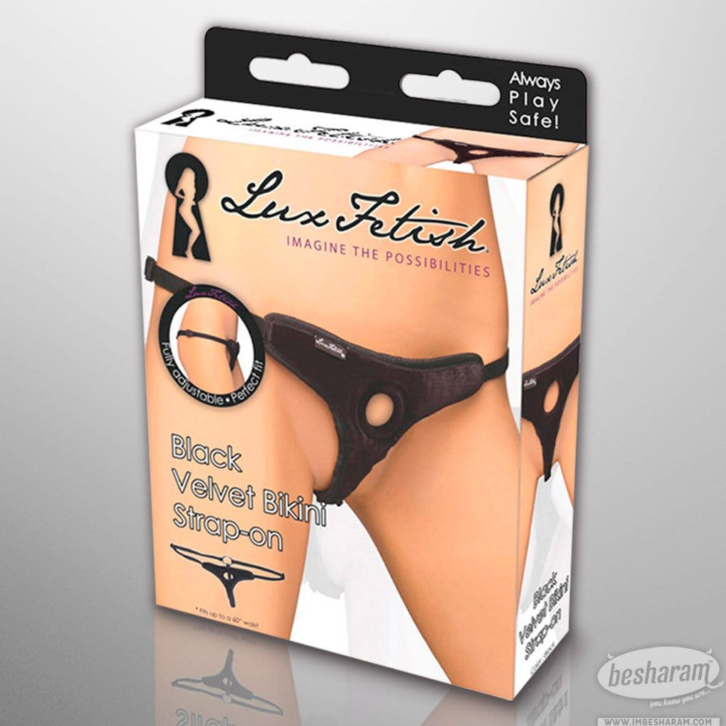 Lux Fetish Black Velvet Bikini Strap-on Harness Packaging