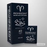 Promescent Before and After Wipes box (40 individual wipes) with a single sachet beside it.