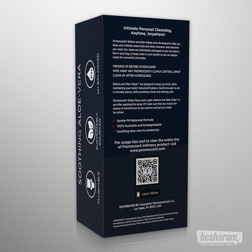 Back of Promescent Before and After Wipes box showing product details and a QR code.