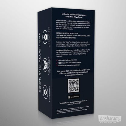 Back of Promescent Before and After Wipes box showing product details and a QR code.