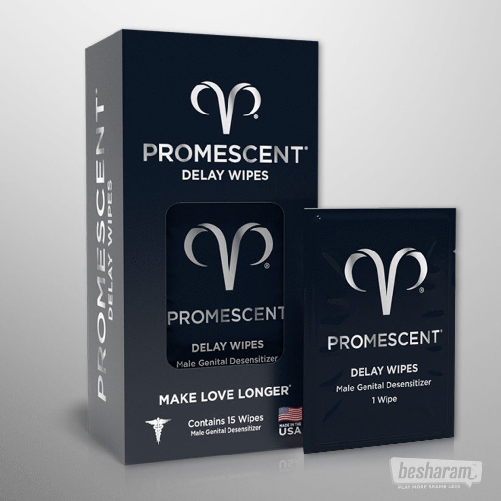 Promescent Delay Wipes box (contains 15 wipes) with a single sachet beside it.
