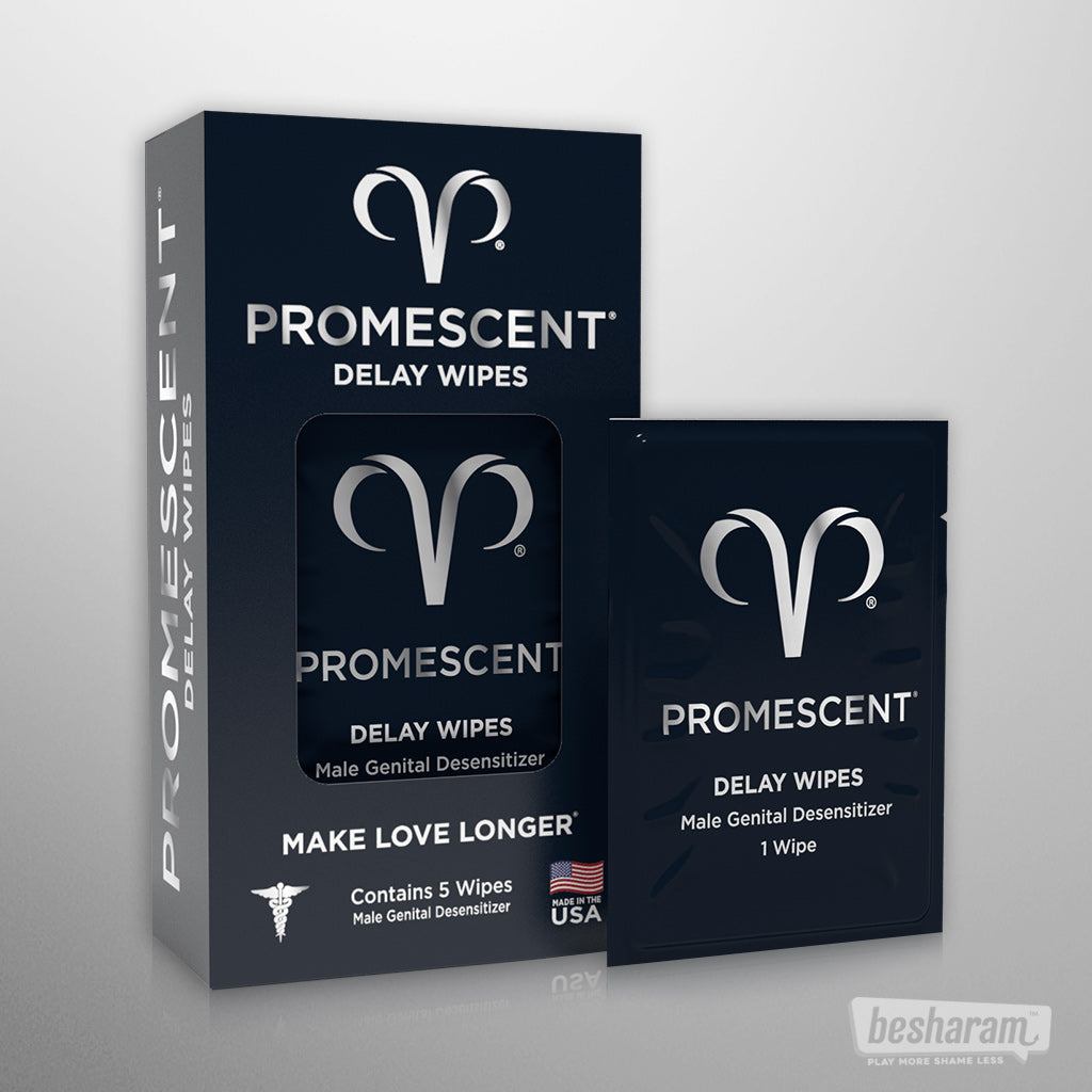 Promescent Delay Wipes box (contains 5 wipes) with a single sachet beside it.